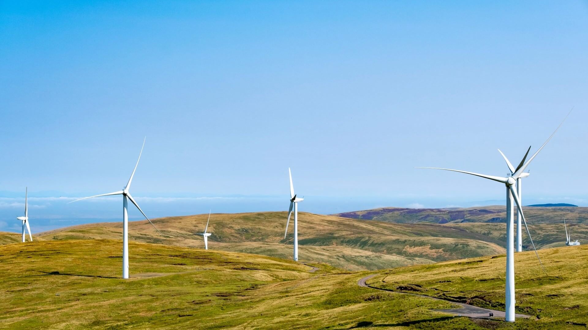 Burnfoot East wind farm turbines on hillside set against blue sky