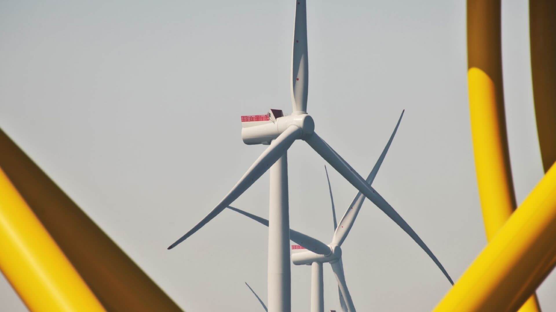 Close up of turbines in wind farm