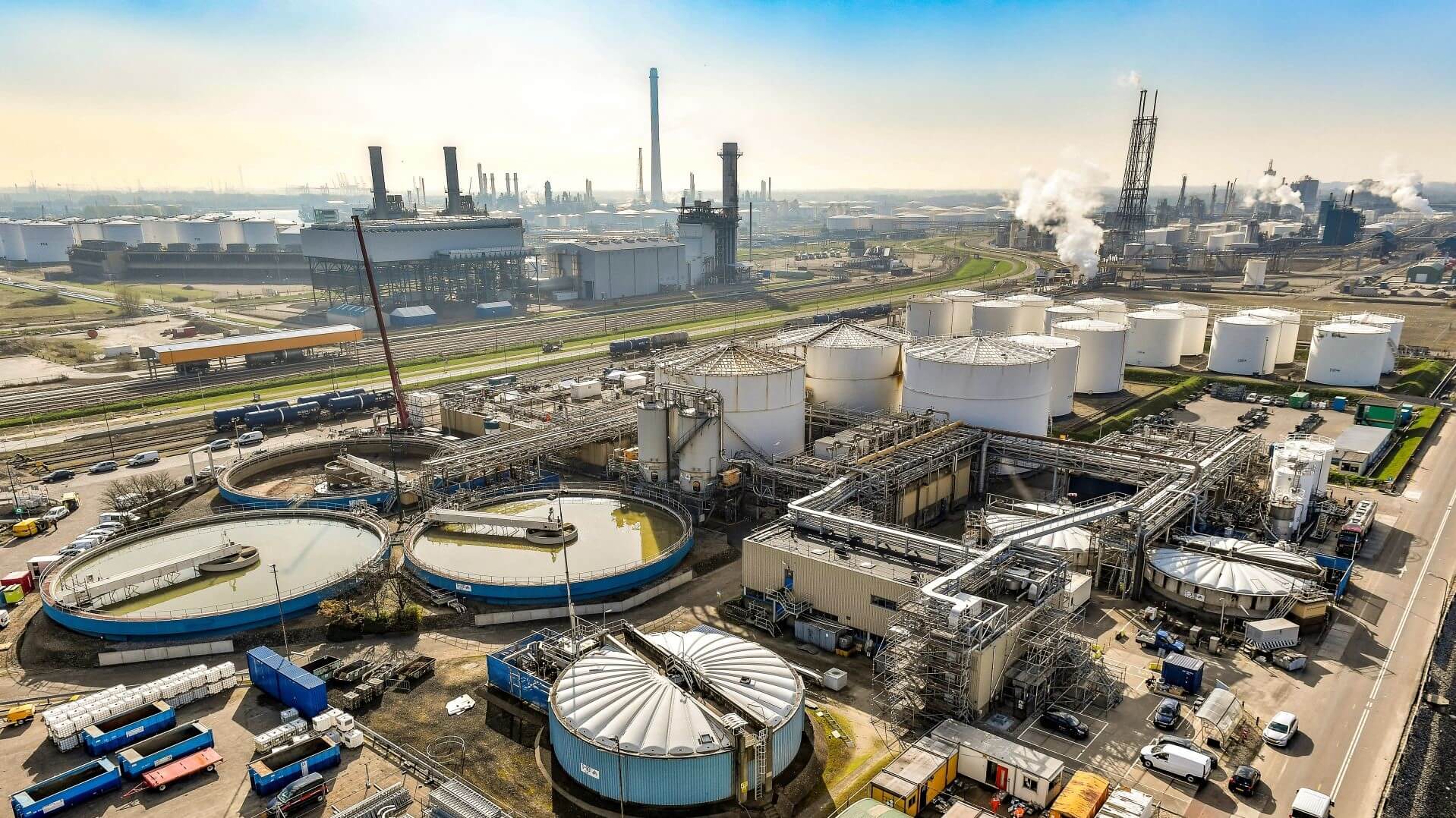 Aerial view over energy and chemical industrial facilities in Rotterdam