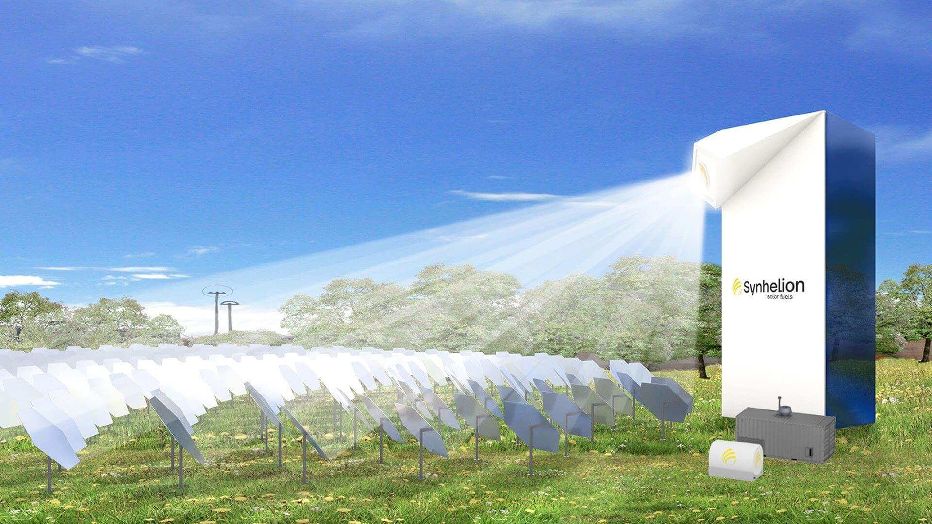 Illustration of the Synhelion solar tower and heliostat field 