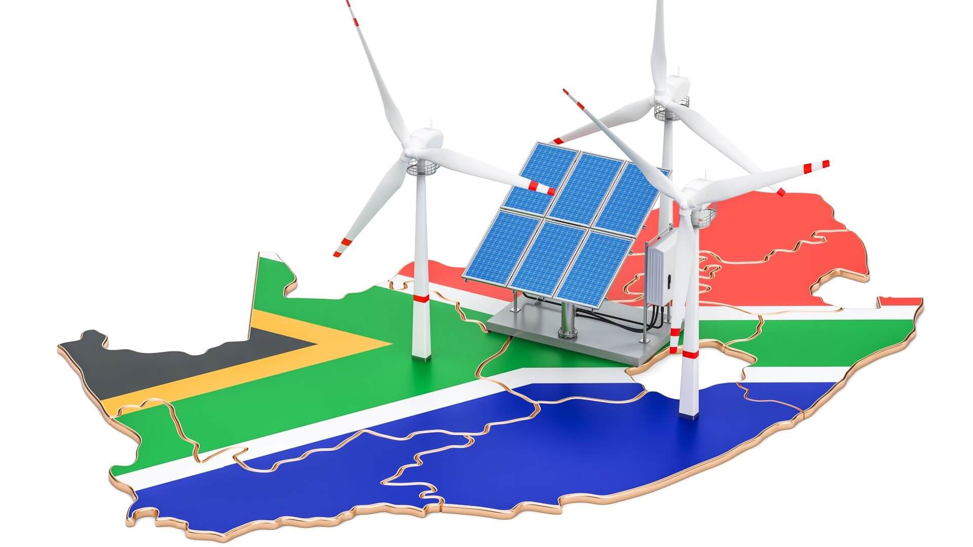 Graphic of South African flag and country outline with wind turbines and solar panels