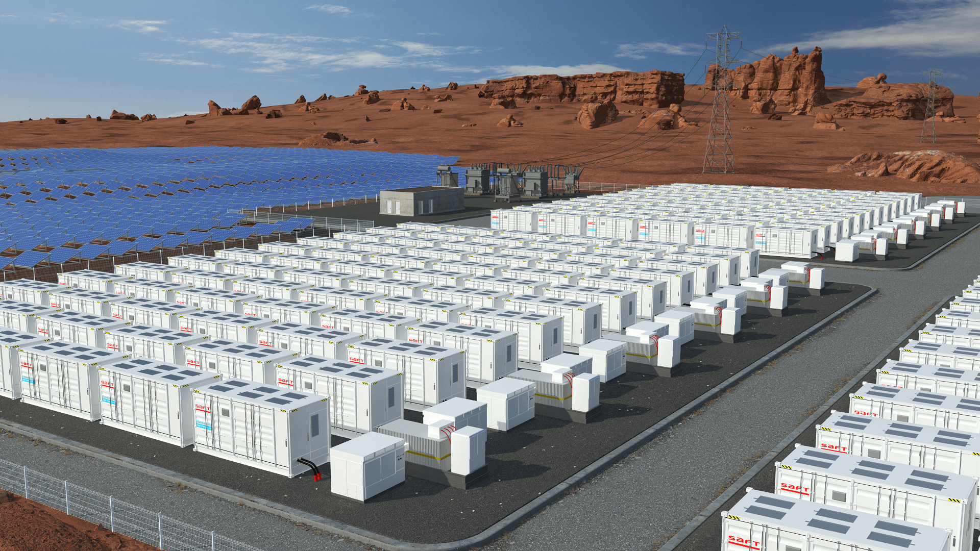 Computer generated image of Saft batteries in the desert