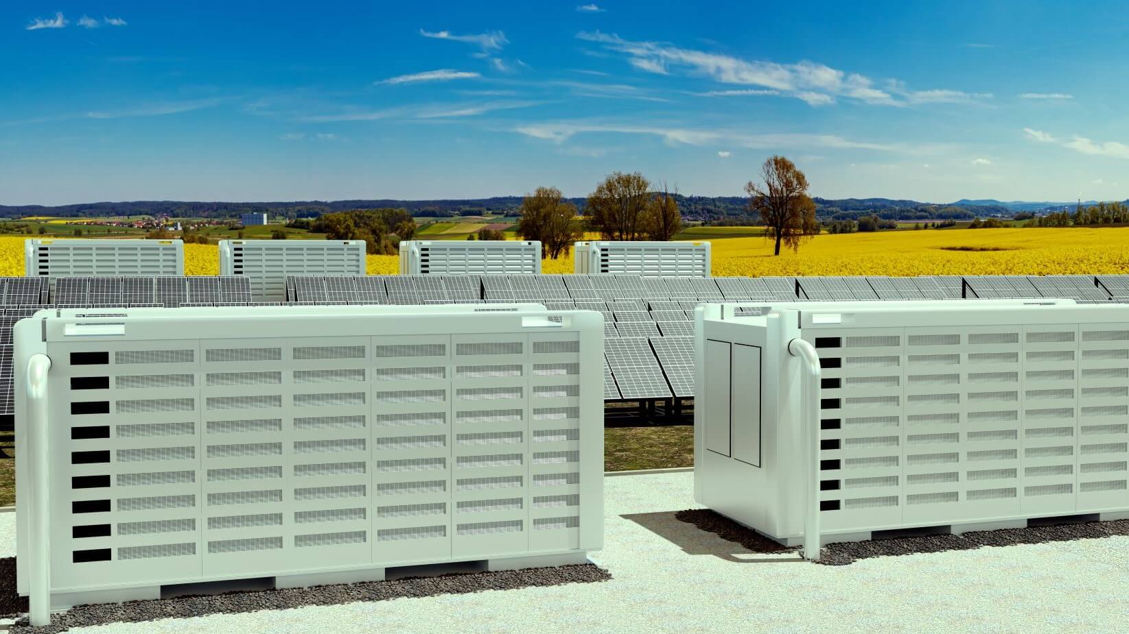 View of row upon row of battery energy storage systems lined up