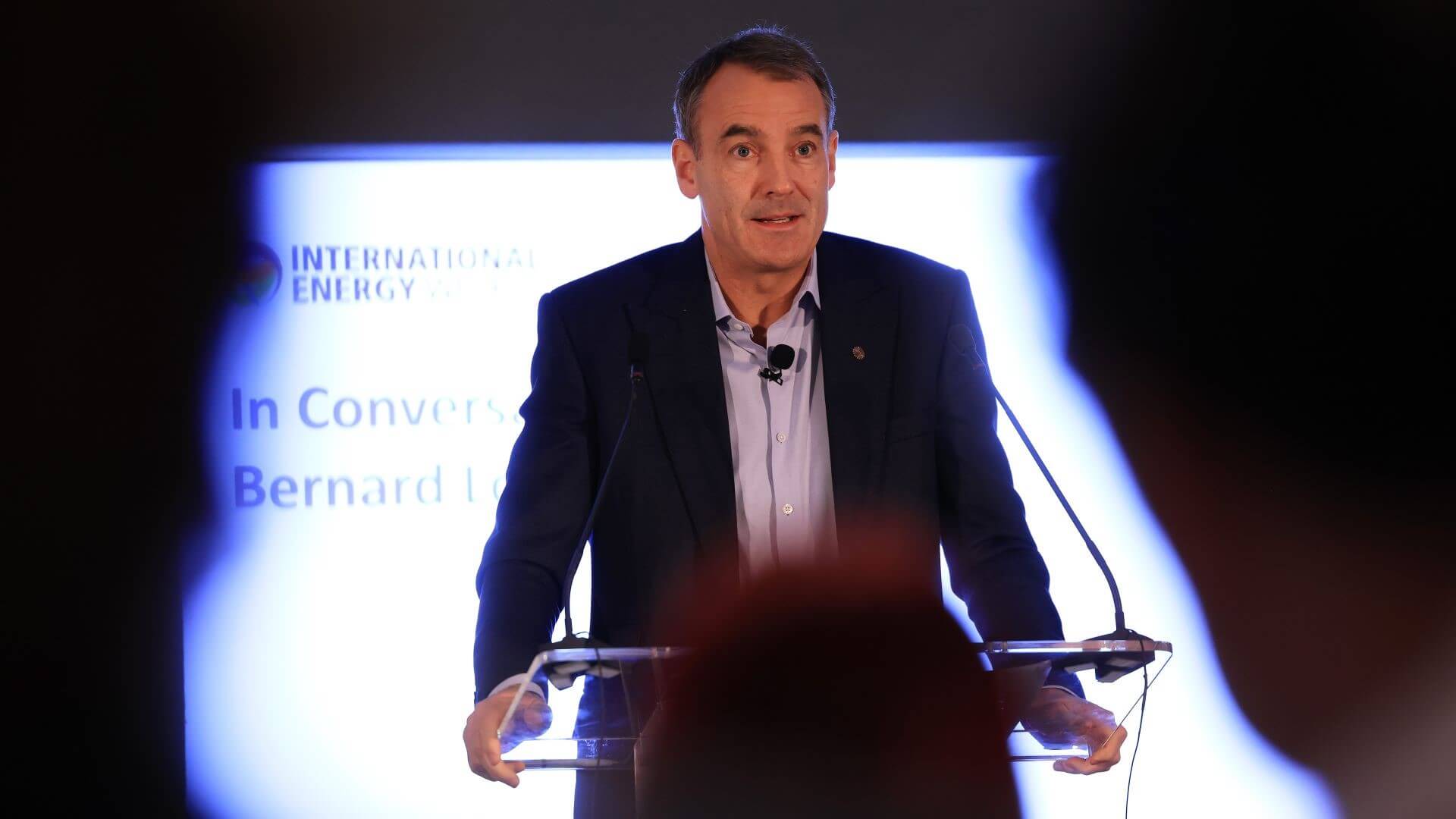 Bernard Looney, CEO of BP, standing at lecturn at International Energy Week 2023