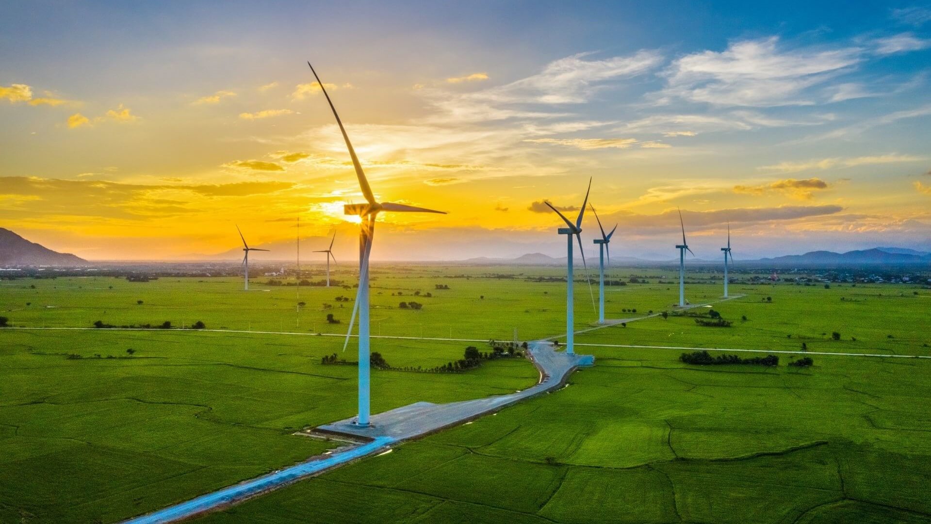 Wind turbines in a field in Vietnam at sunset