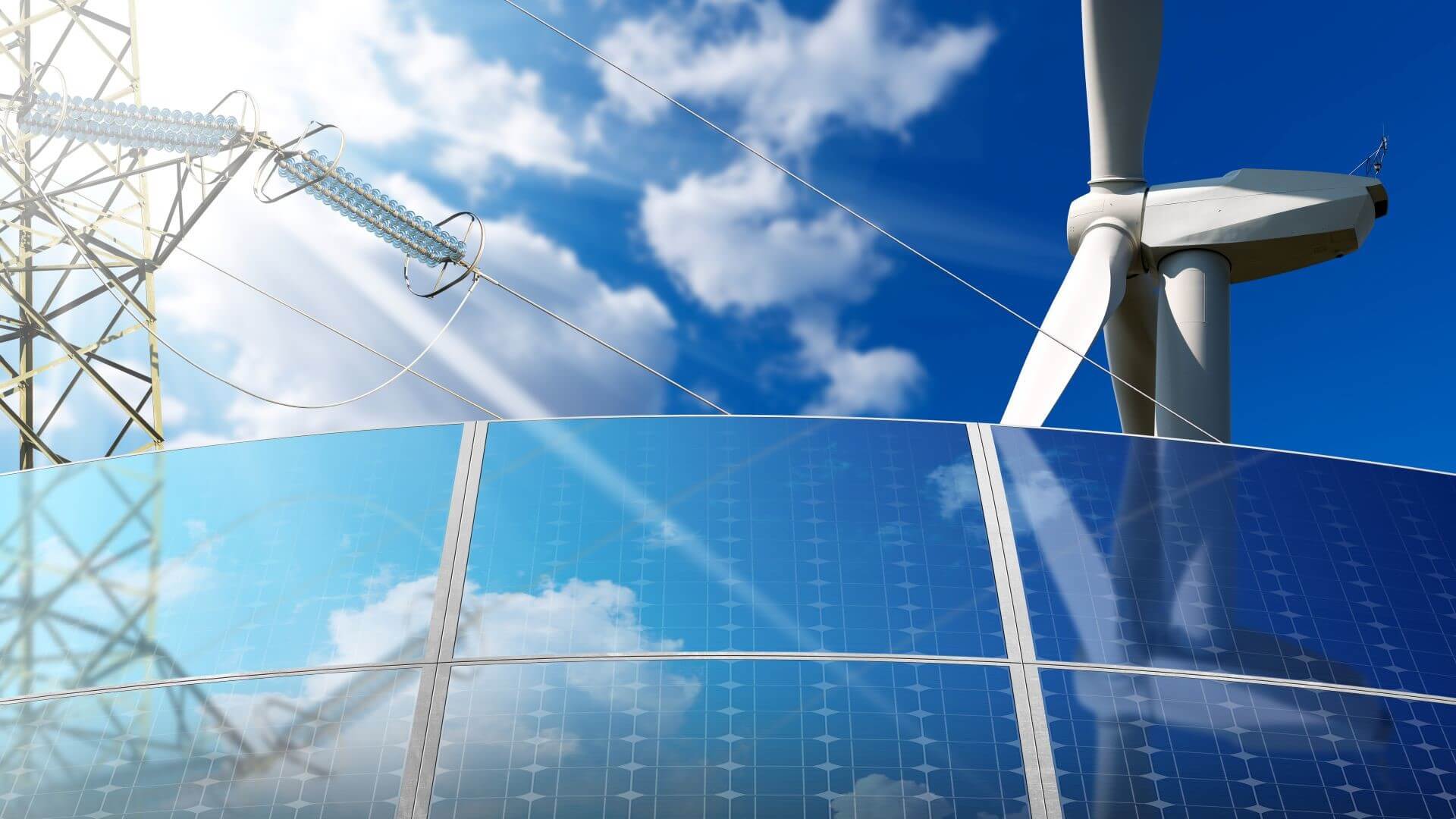 Graphic of solar panel, wind turbine and pylon