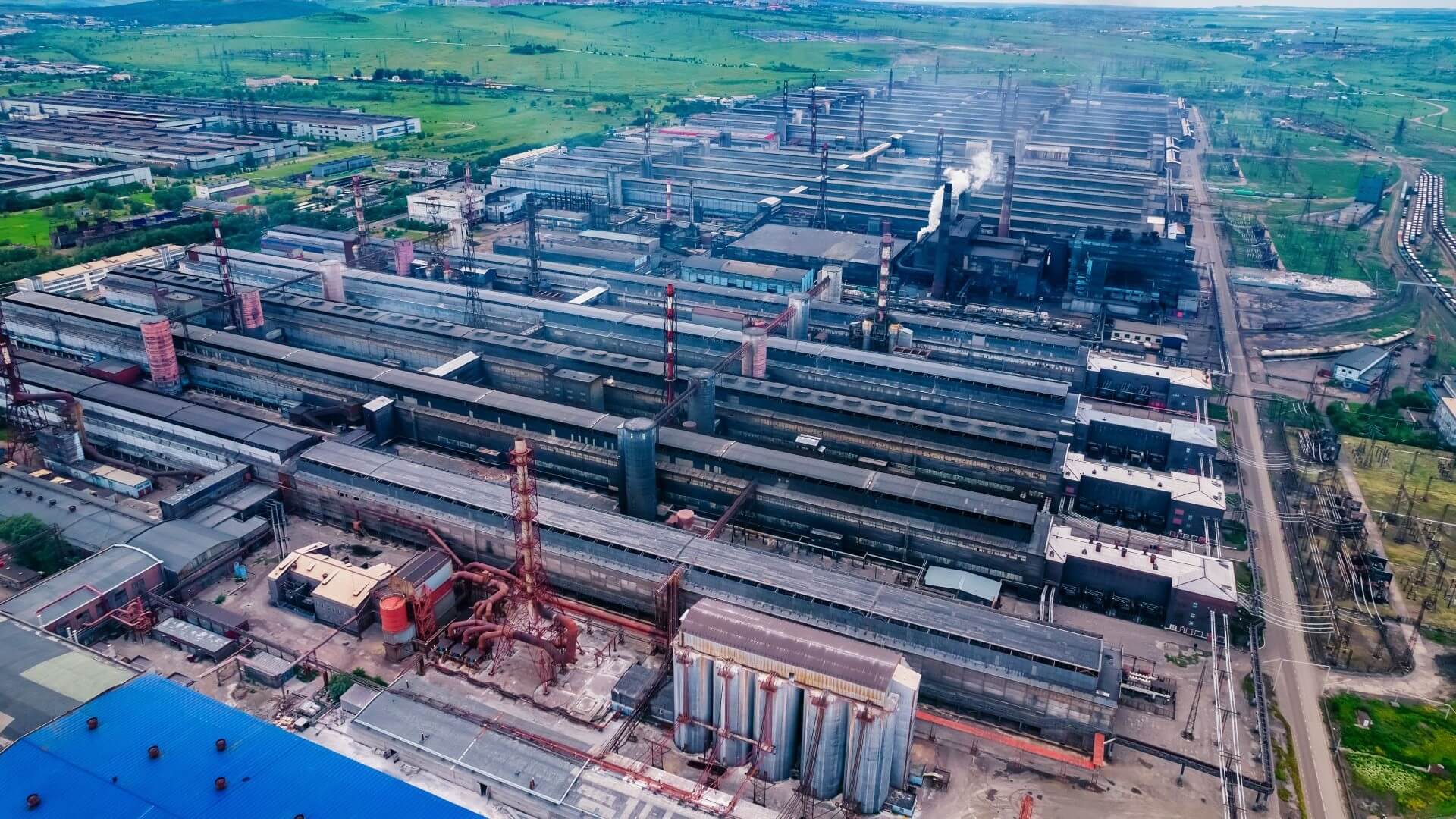 Aerial view over aluminium plant exterior