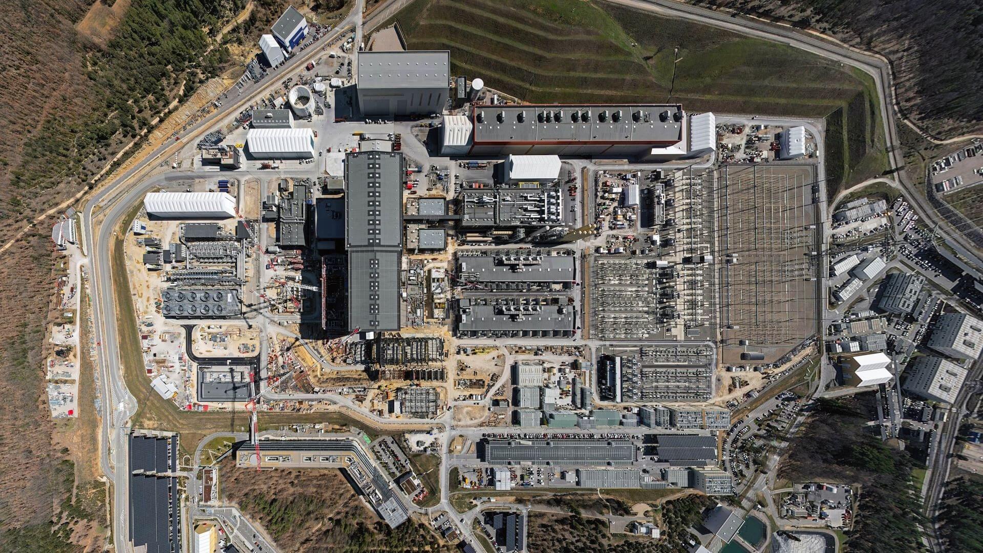 Aerial view of the ITER site in southern France showing many industrial blocks and buildings