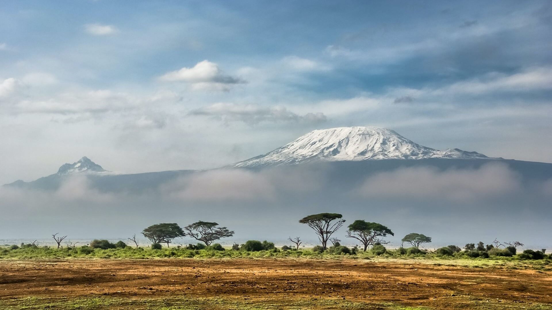 Mount Kilimanjaro set among clouds in background with dusty land and green trees in foreground