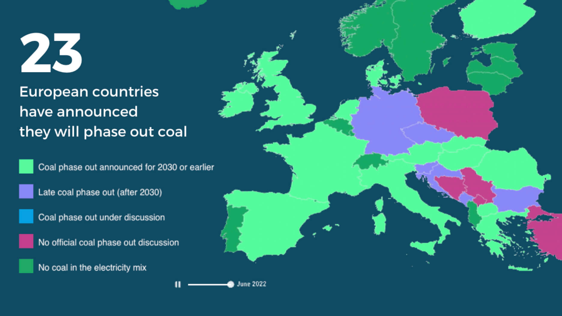 Colour-coded map showing 23 countries in Europe that have announced plans to phase out coal