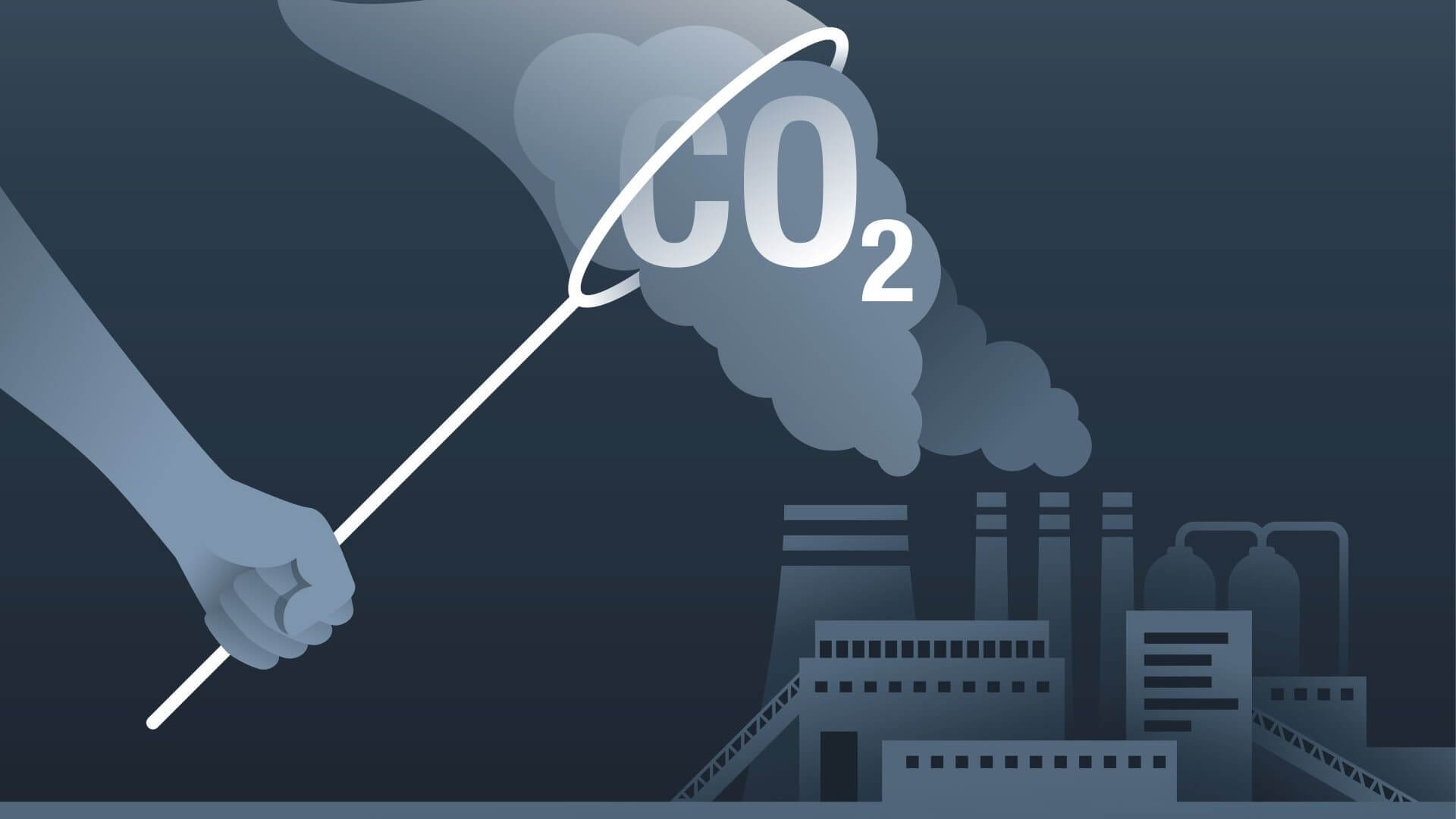 Computer generated graphic of a hand holding a butterfly net over an industrial plant and capturing emissions billowing out of chimney