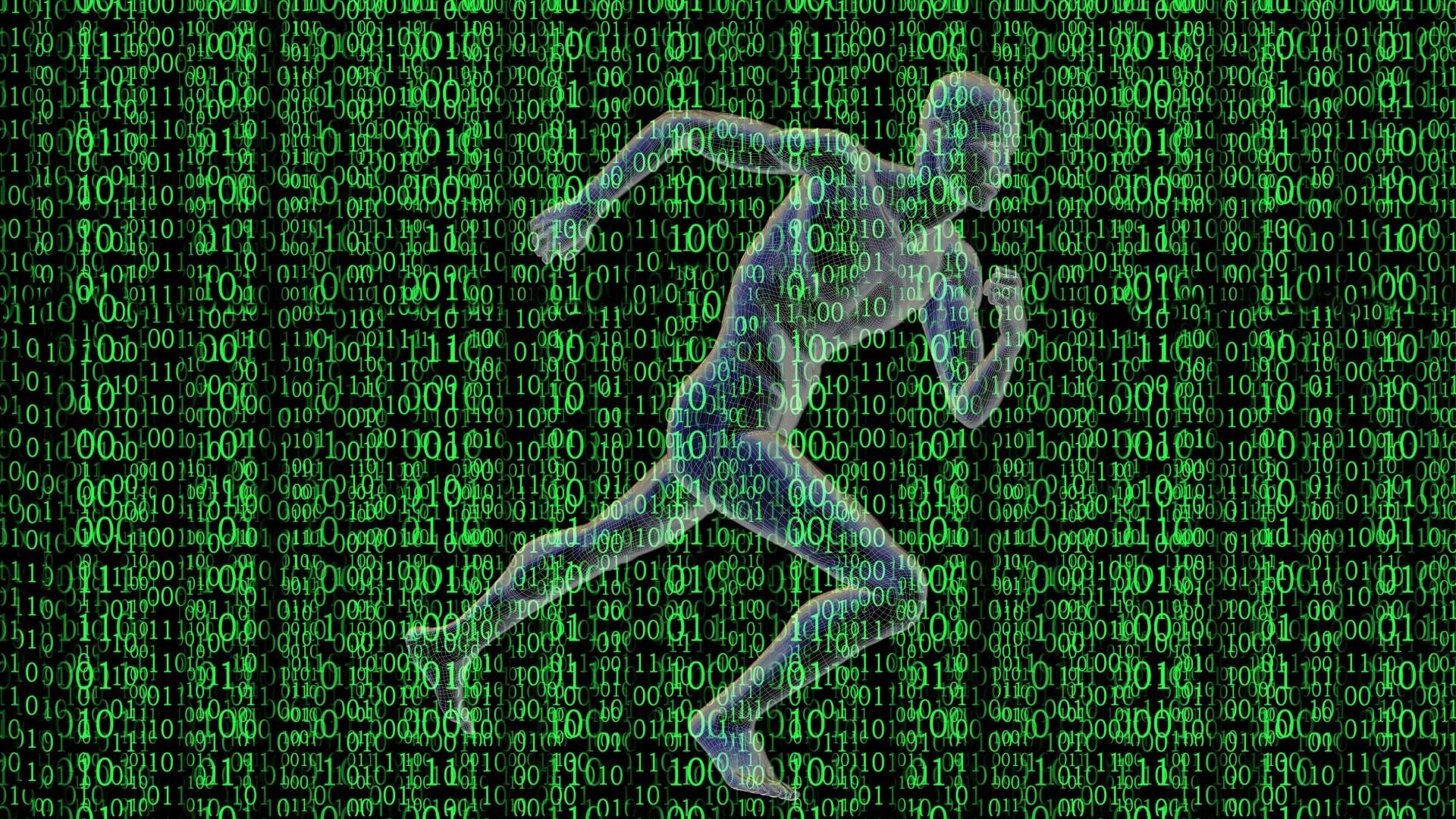 Computer generated image of outline of running naked man set against rows and columns of green binary numbers zeros and ones