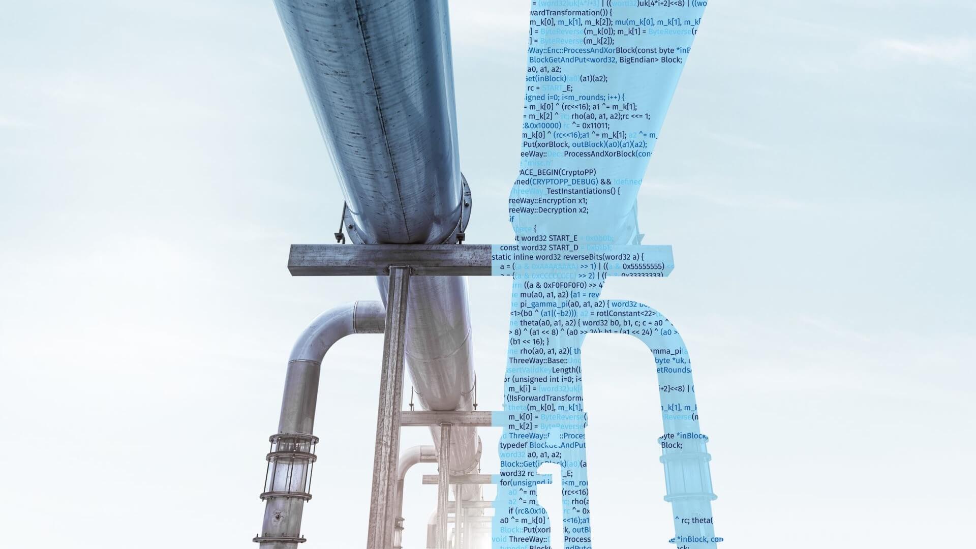 Computer generated image showing two sets of pipework, the left one looking as it does in reality, the right one a light blue colour and filled in with computer coding letters, words and numbers