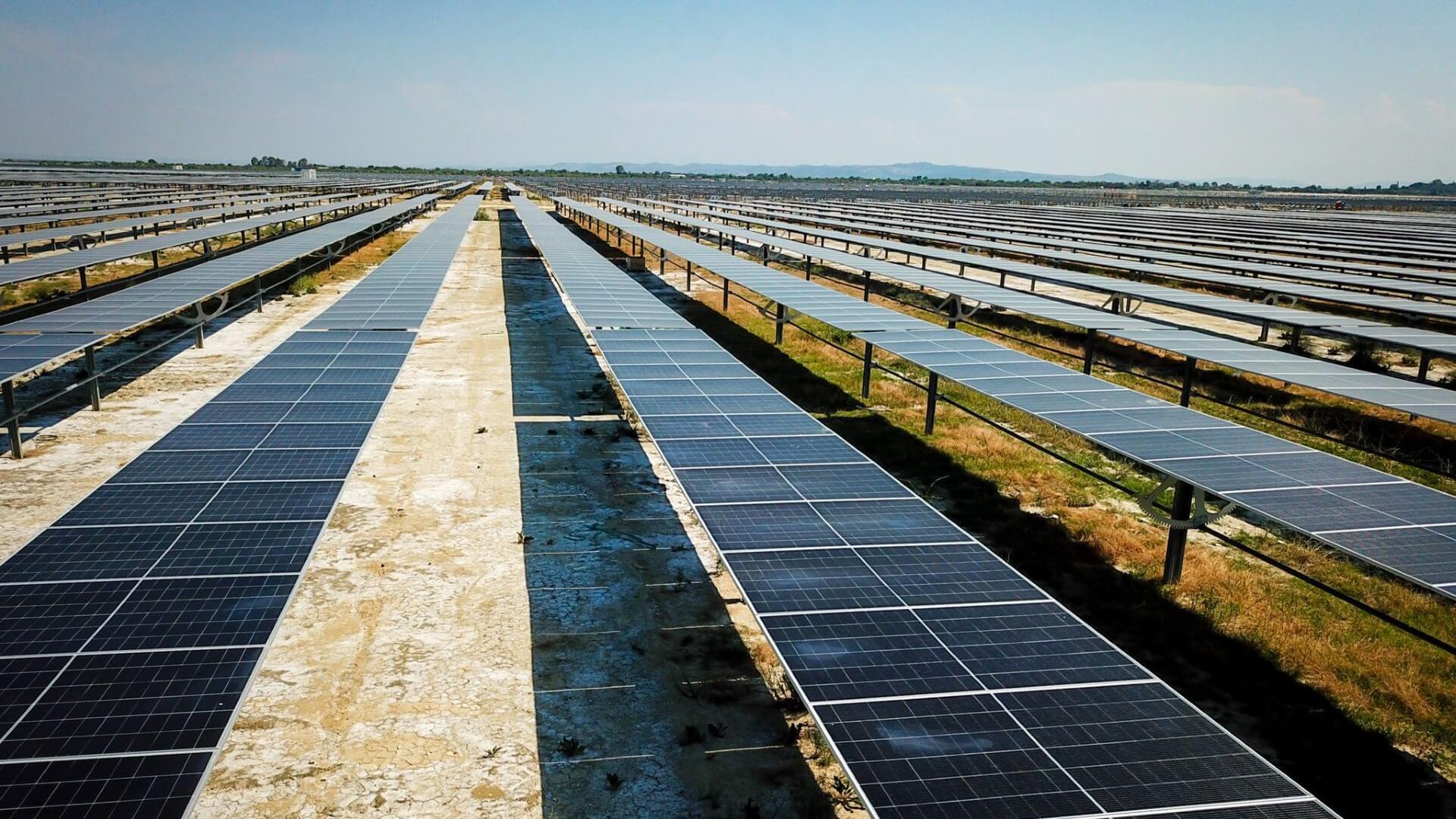 Rows of ground-mounted solar panels