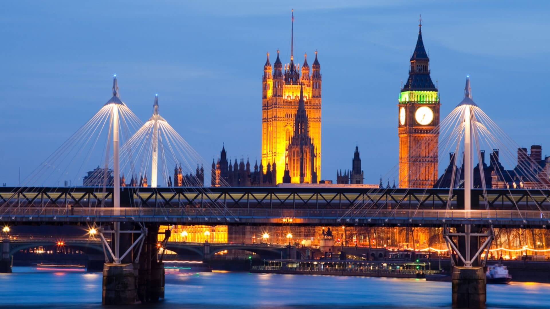 View across River Thames of Westminster, London, at dusk