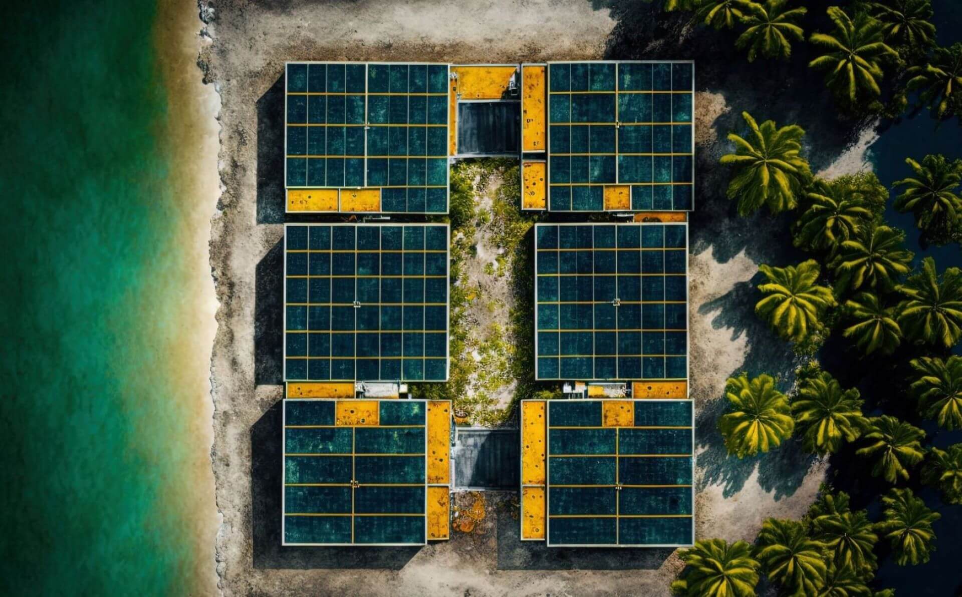 Aerial view of solar array near beach and palm trees