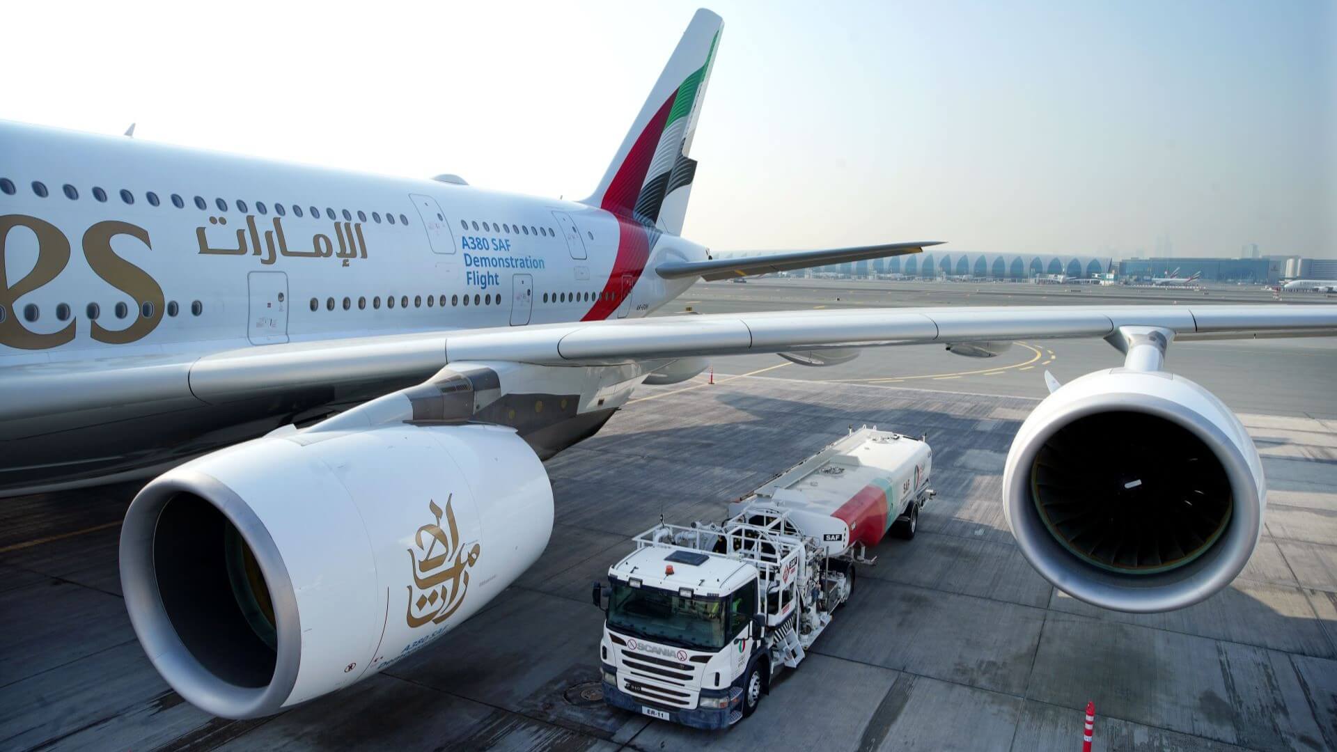 An Emirates A380 aircraft and fuel tanker 