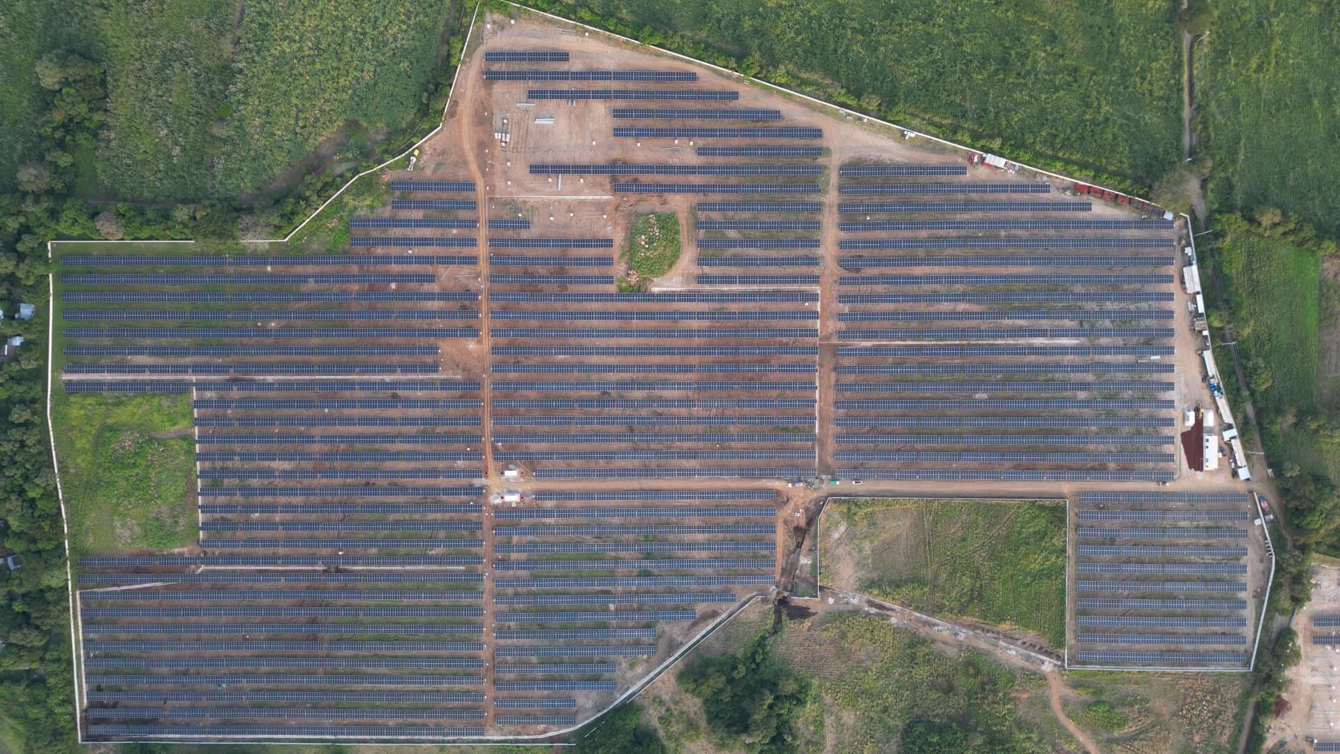 Aerial view of the solar panels set in grid pattern