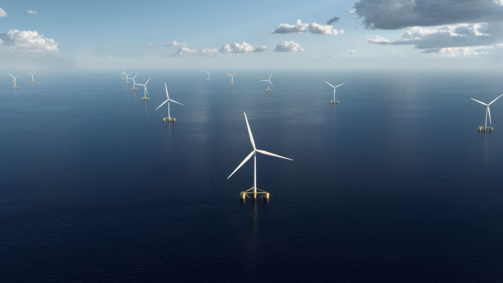 Aerial view of floating offshore wind farm