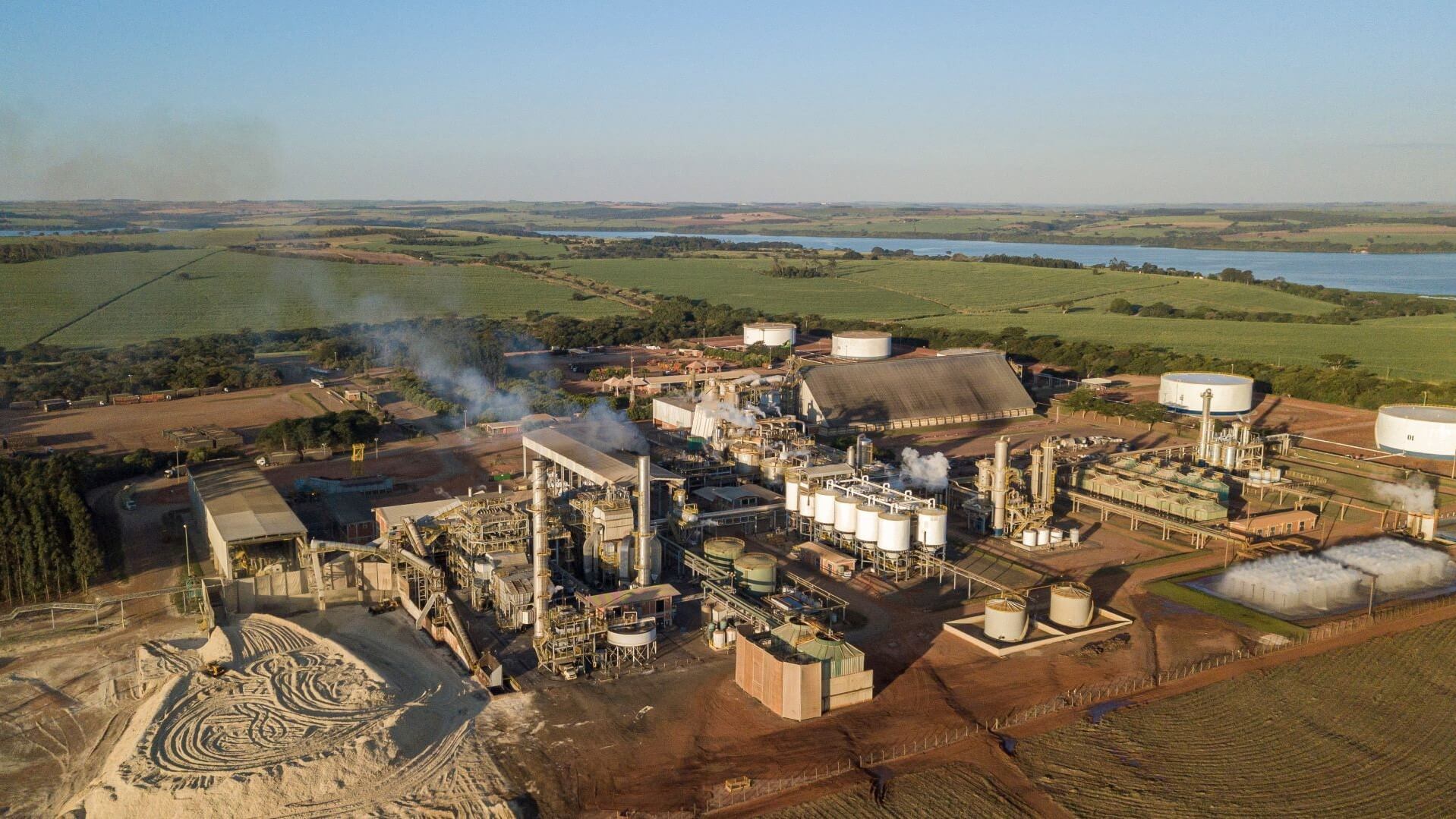 Aerial overview of biofuels plant showing industrial facilities and infrastructure