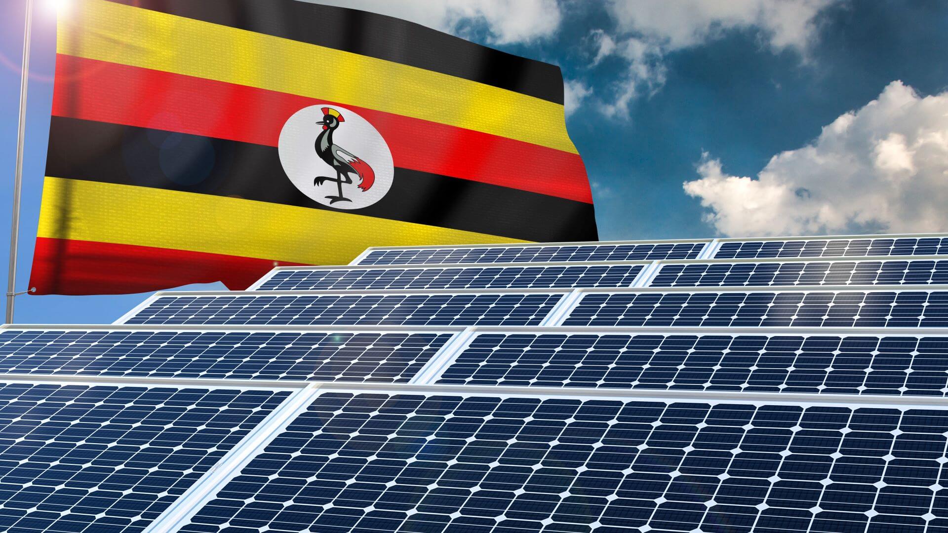 Solar panels in front of flag of Uganda