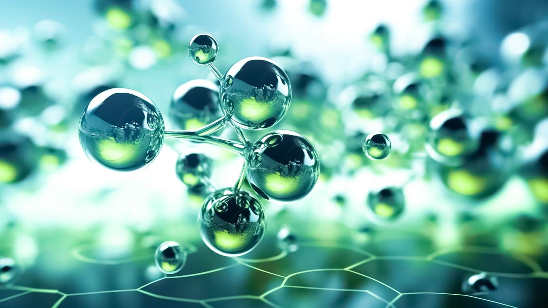 Graphic of green coloured hydrogen molecules floating against a green background