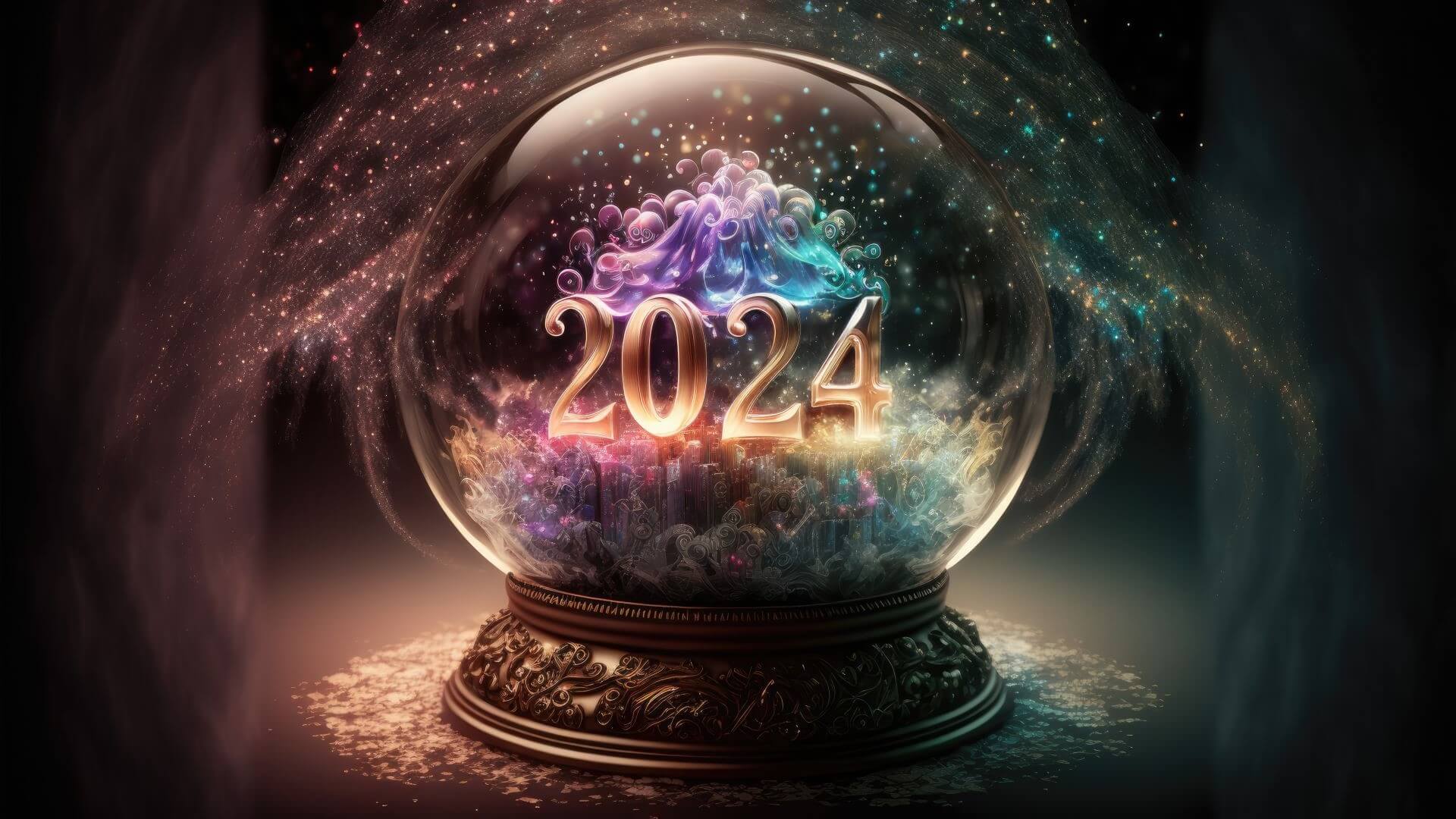 Computer generated image of a crystal ball with smoke surrounding it and the year 2024 set inside