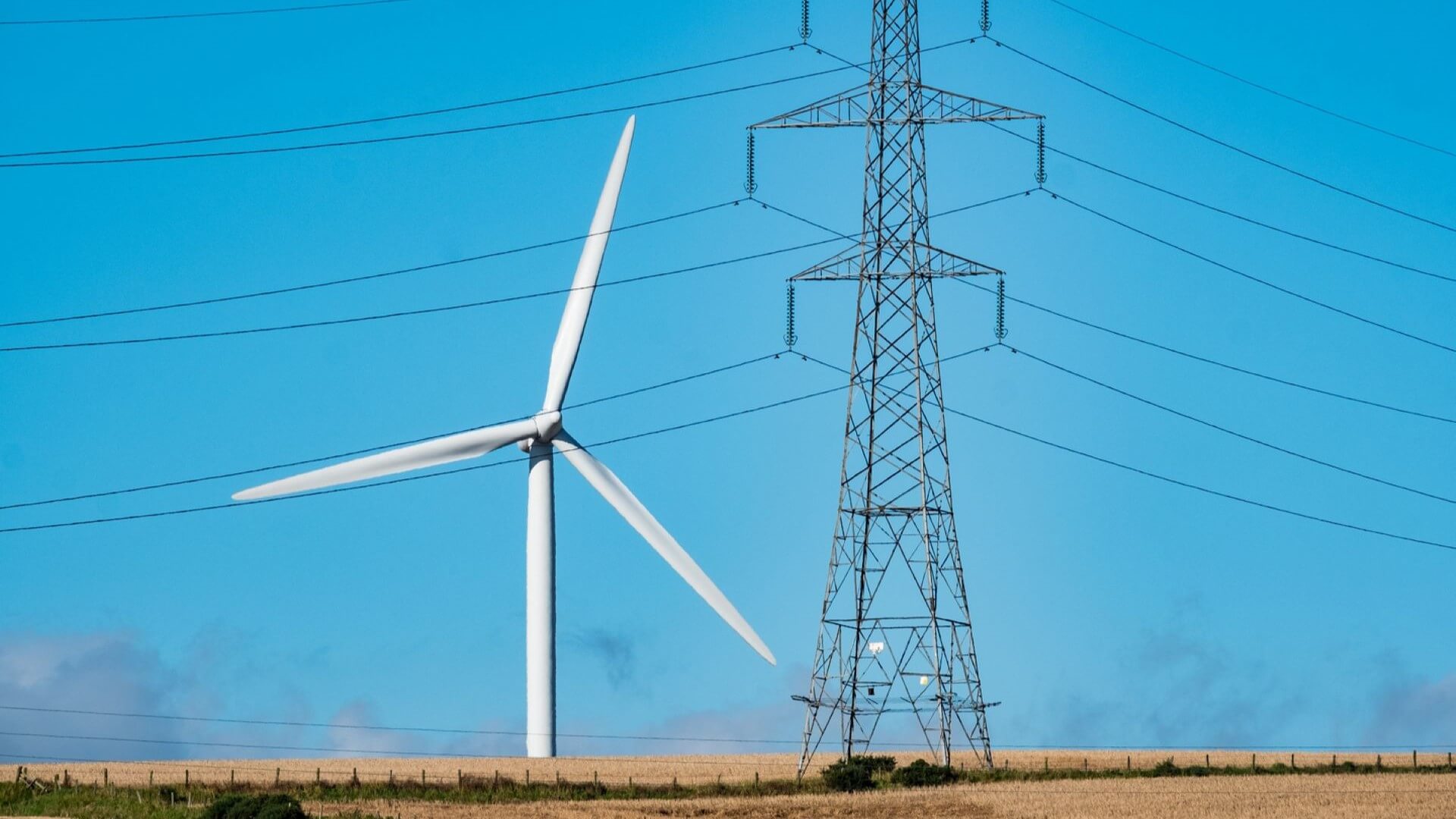 Wind turbine and electricity pylon in a field