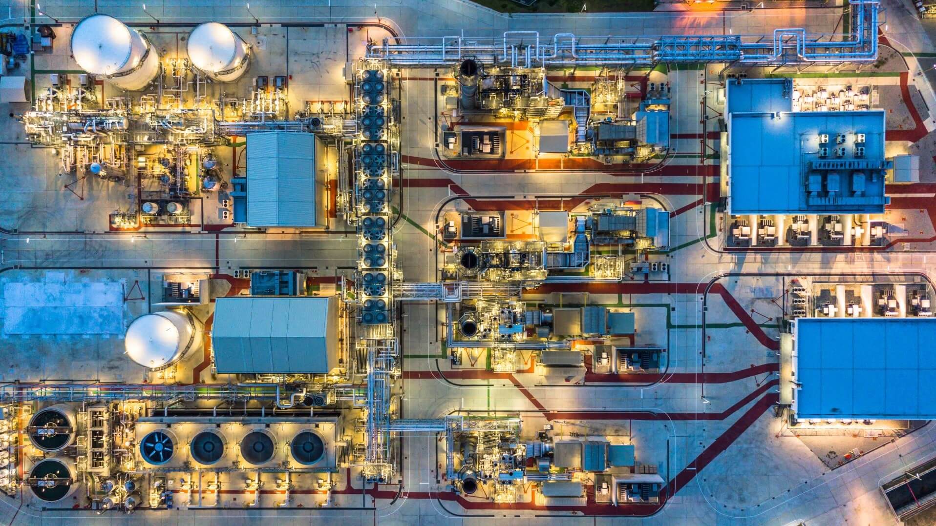 Aerial view directly above and looking down on facilities of a chemicals facility