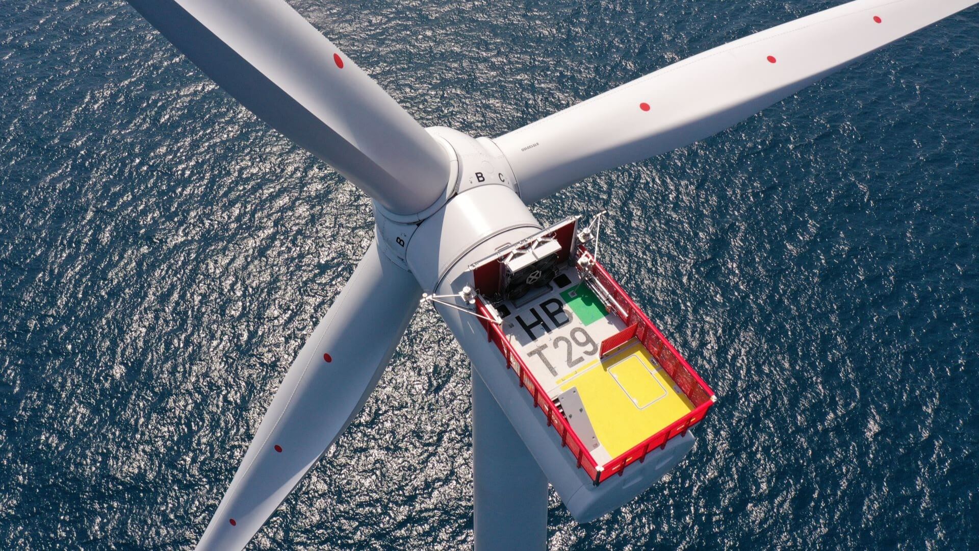 View looking down on top of offshore wind turbine