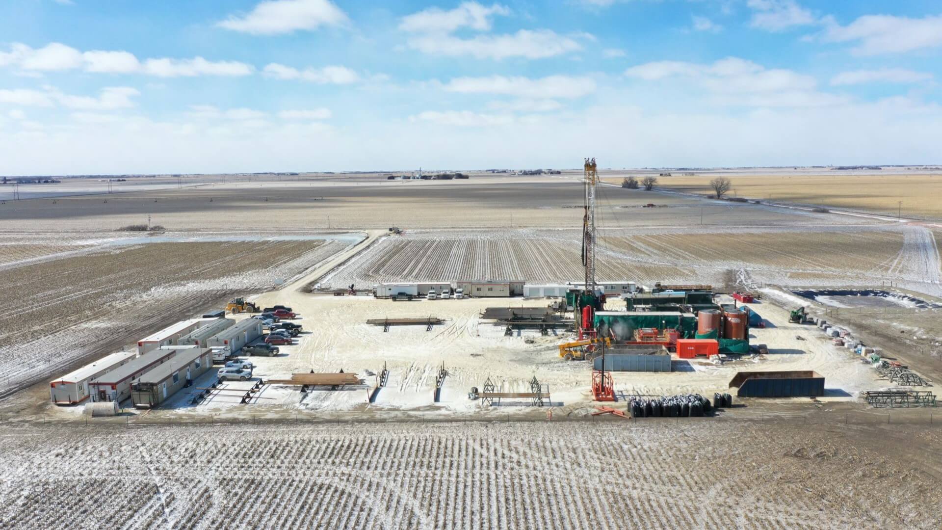 Aerial view of natural hydrogen drilling operations