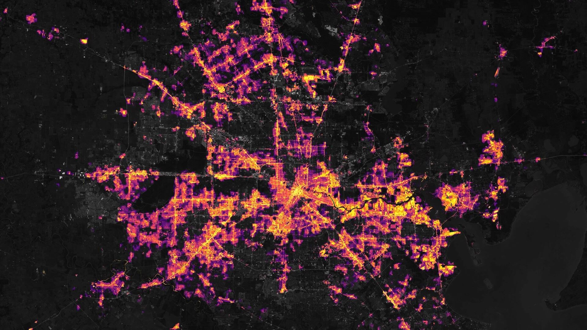 Satellite imagery showing areas of Texas with and without lights at night following storm