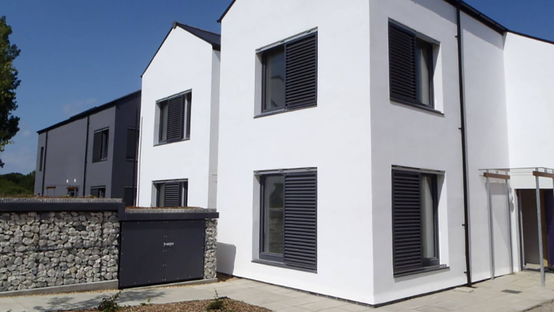 Close up photo of building in domestic housing development 