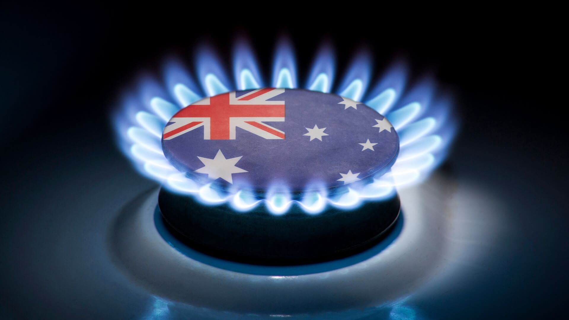 Close up of gas burner with blue flames with Australian flag superimposed in centre