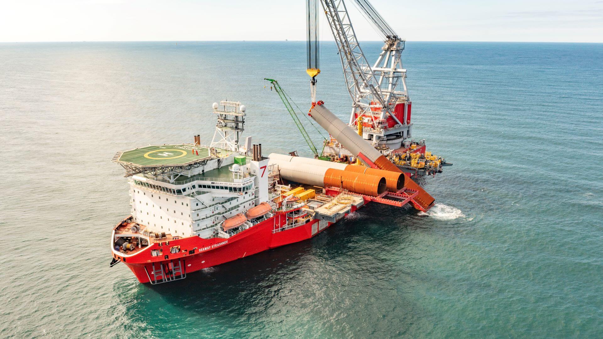 Vessel installing monopiles and transition pieces on Dogger Bank wind farm