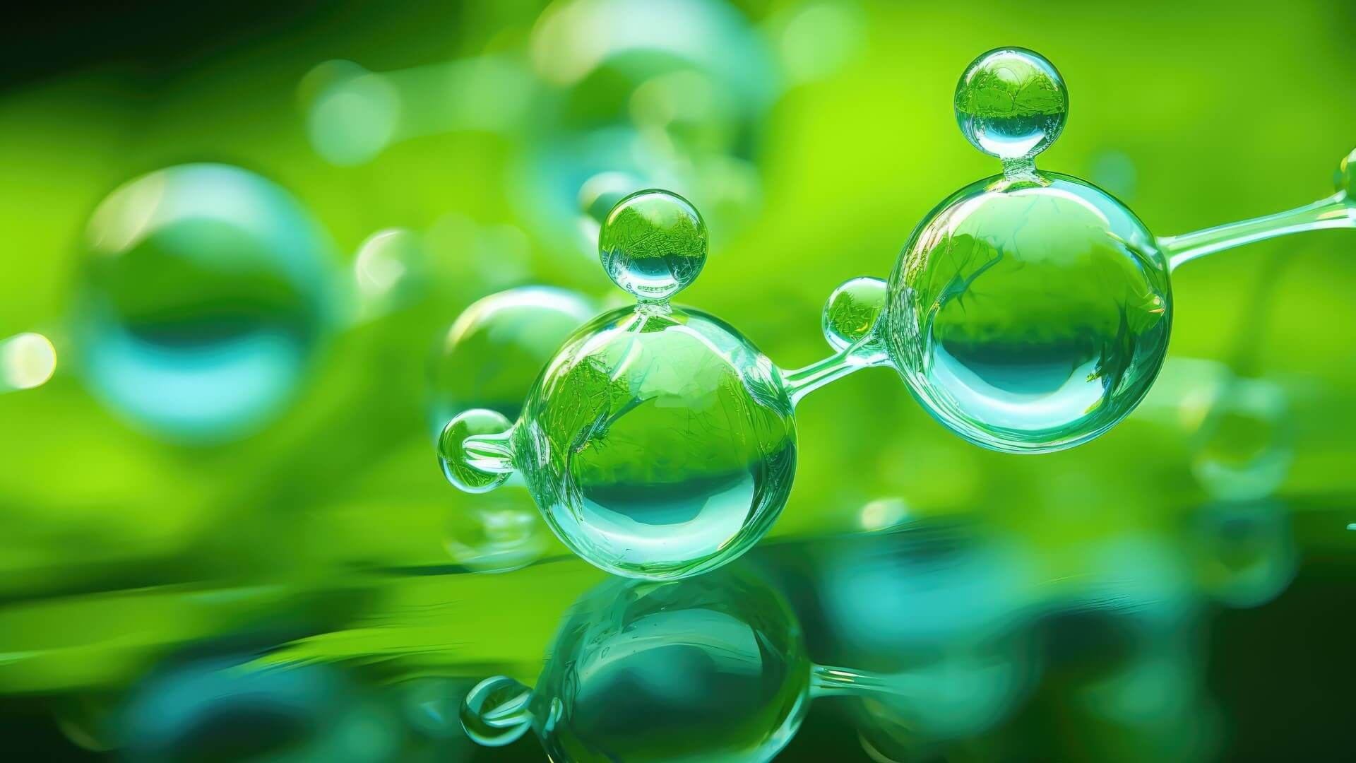 Graphic of a green coloured hydrogen molecule floating against a green background