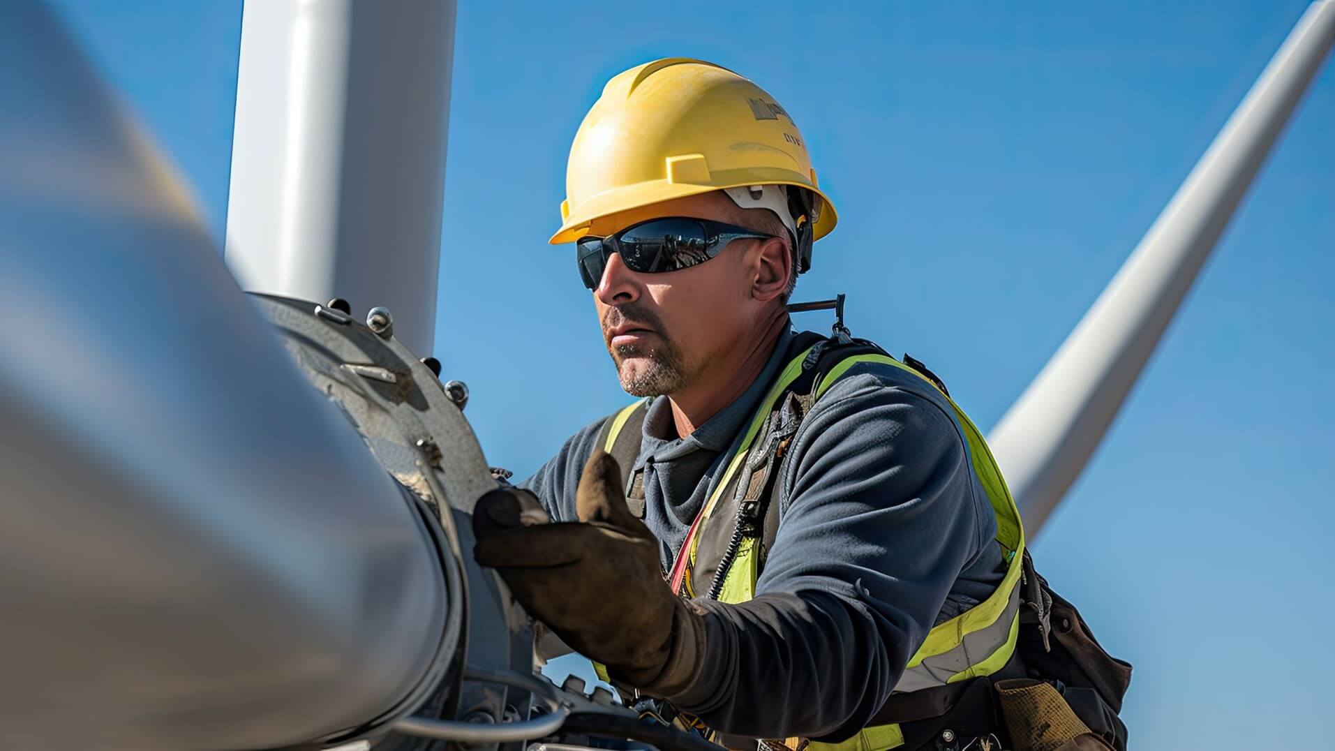 Close up of male maintenance technician inspecting top of wind turbine