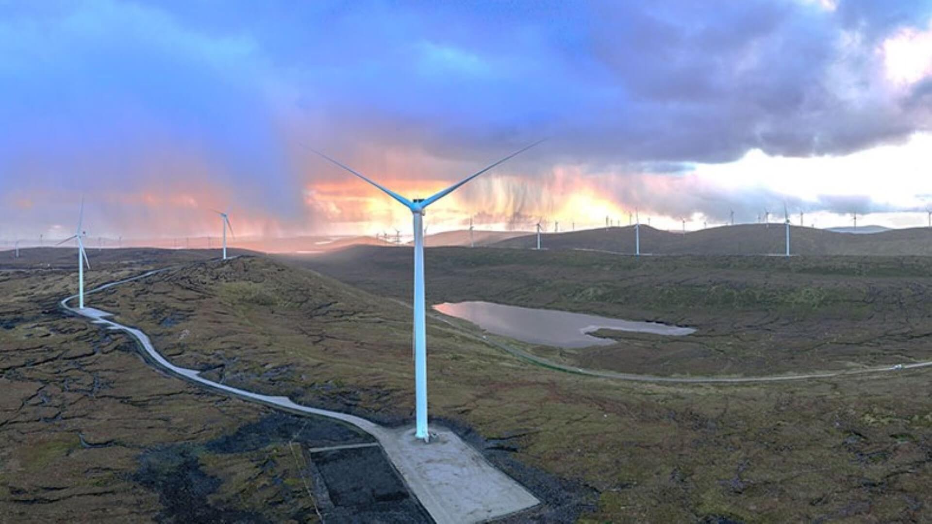 View of Viking wind farm on Shetland at sunset