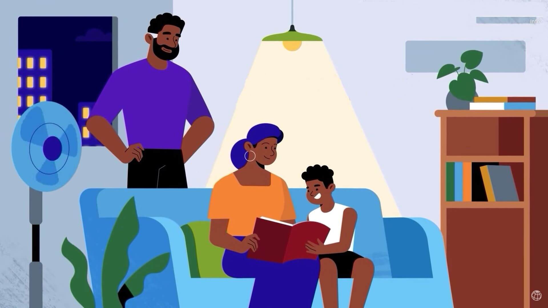 Cartoon depicting family at home reading under a light