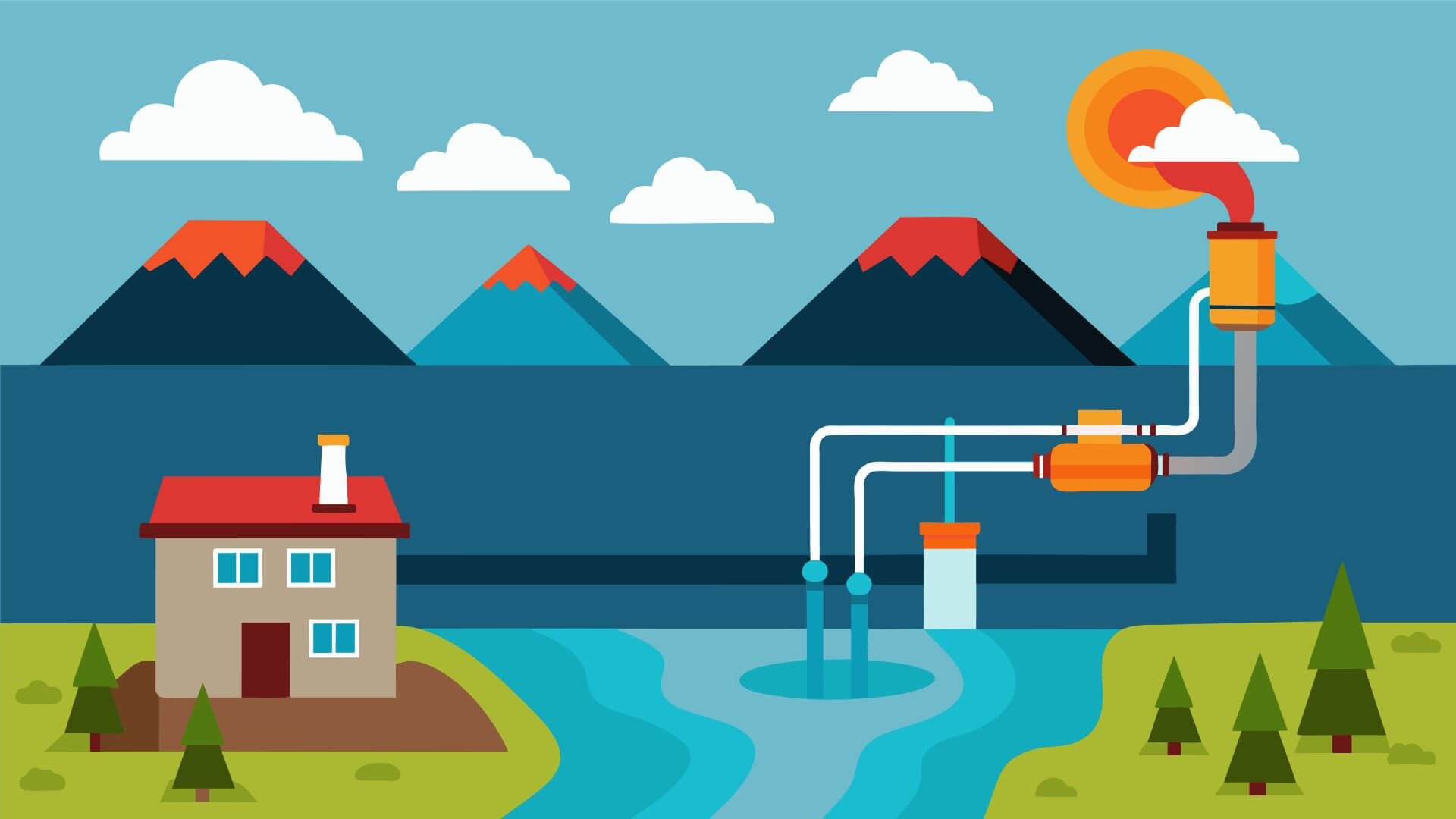 Computer generated schematic showing house next to wells collecting heat from deep underground, with mountains in background