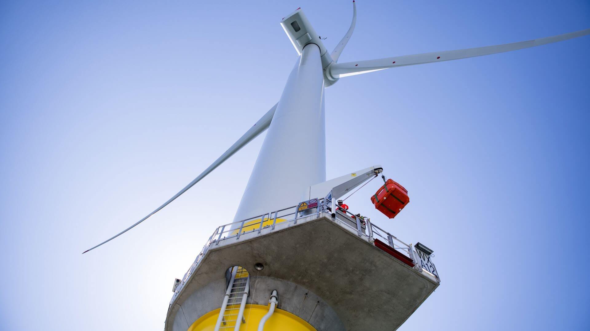 Close up of wind turbine looking up from its base