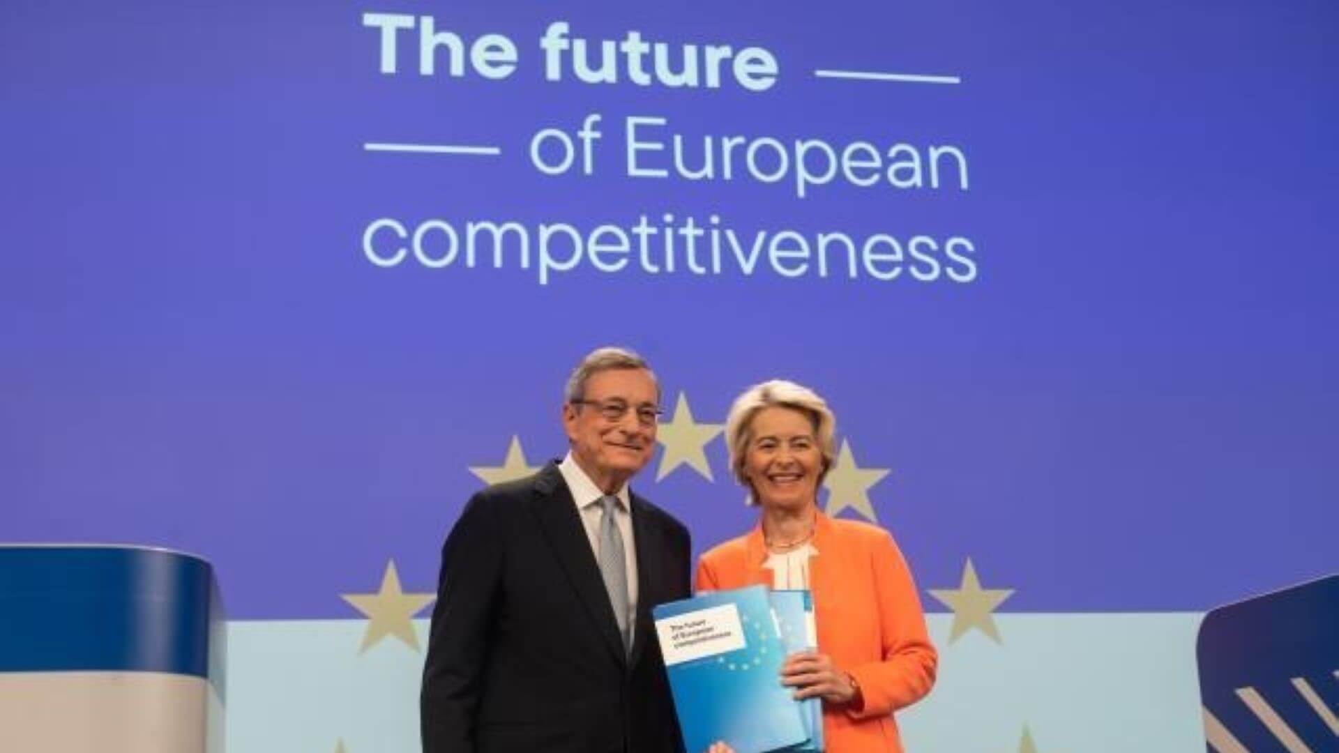 Mario Draghi and Ursula von der Leyen, President, European Commission, holding the report