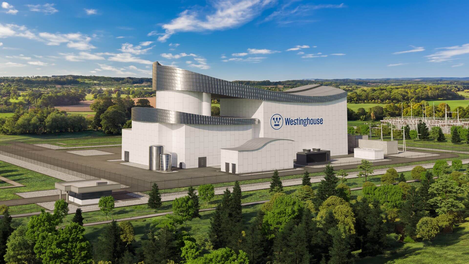 Computer generated image of large building set amongst green grass and trees, against a blue sky