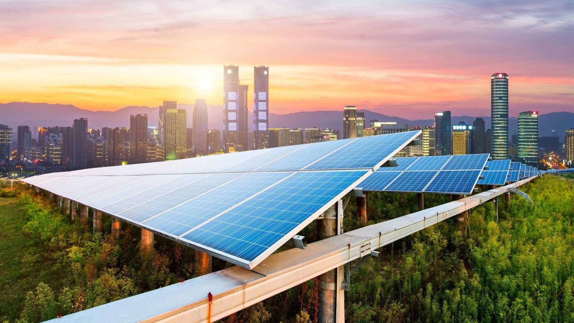 Rows of solar panels in front of Beijing skyline