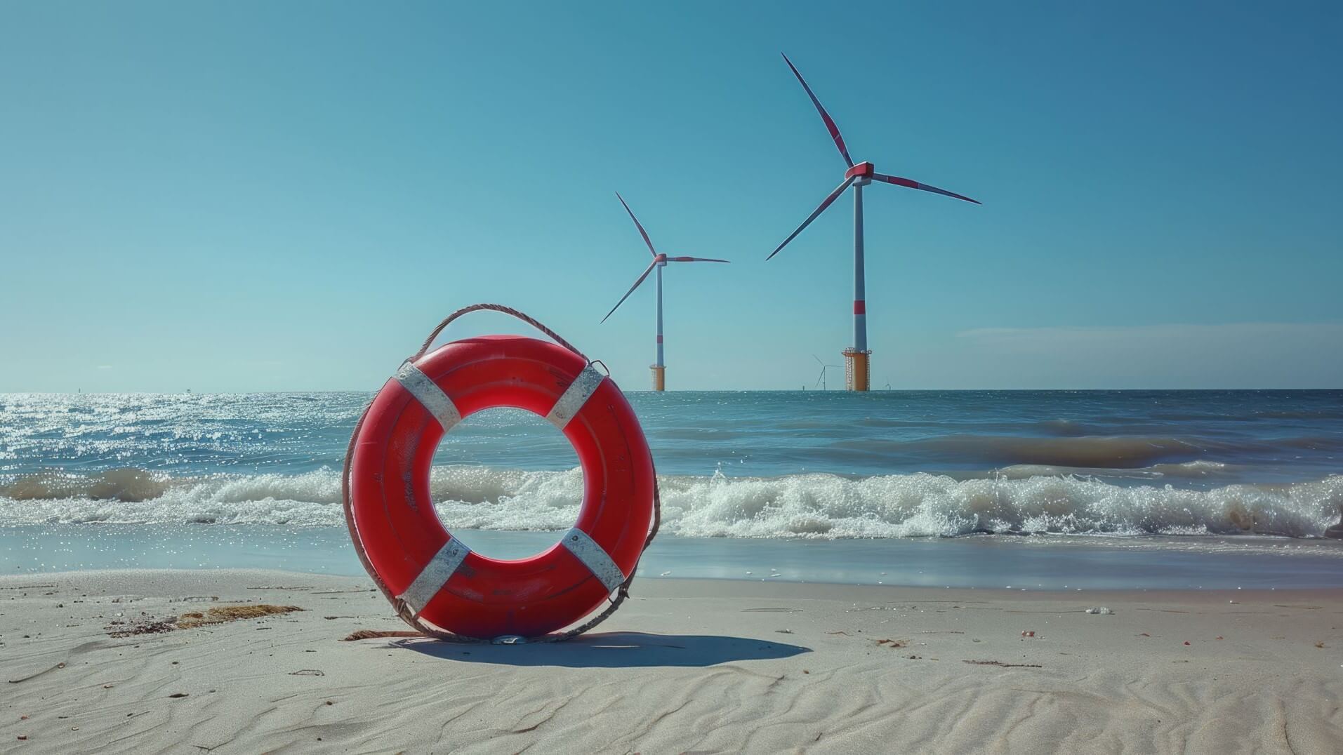 AI generated image of orange circular life buoy standing upright on beach, with shallow breaking waves and a couple of wind turbines in the background