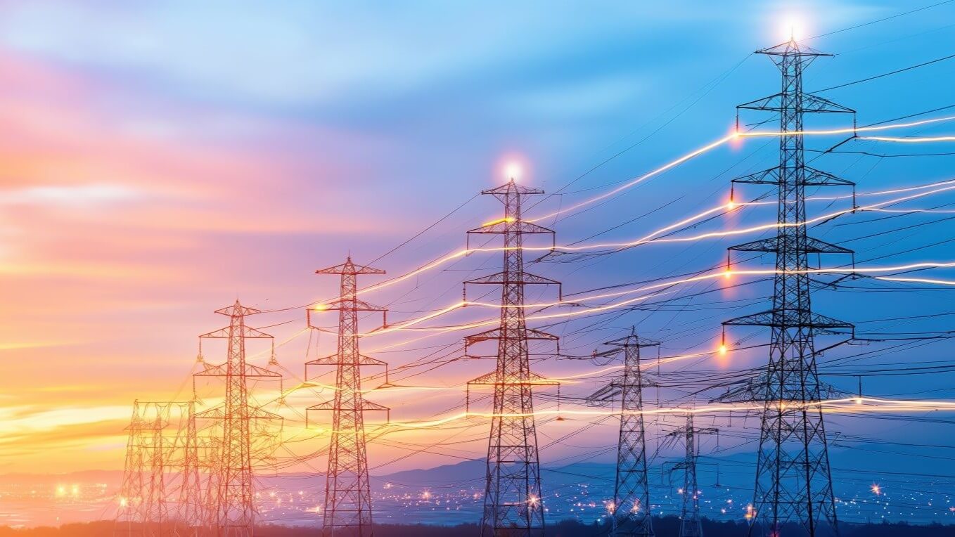 AI generated image of rows of pylons with electricity lighting up along the transmission lines, set against a sunset sky