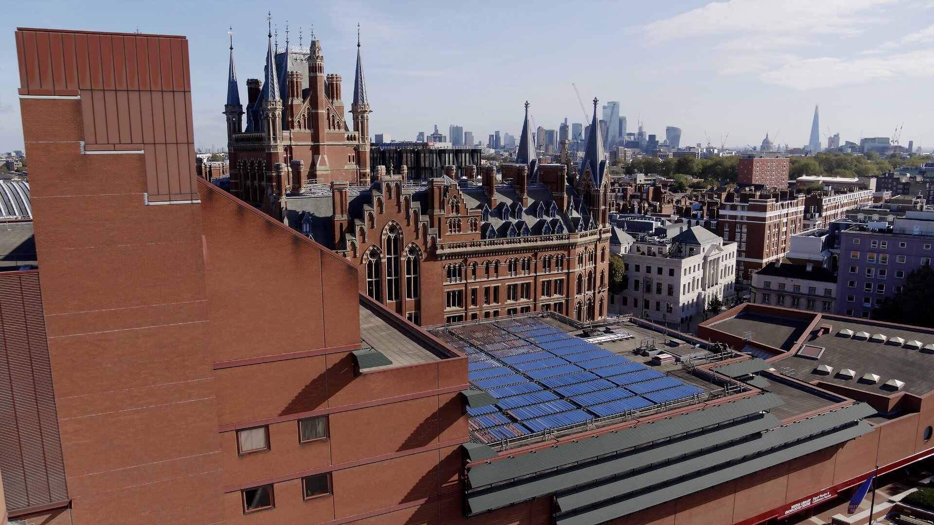 View of solar project across roof of British Library