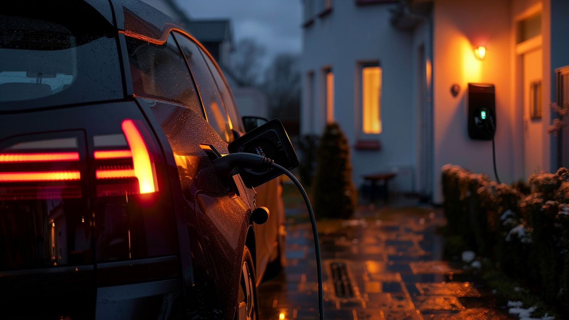 Close up of rear of electric car, with charging cable attached to outside home charger; dark nighttime, with orange lights showing on car and house