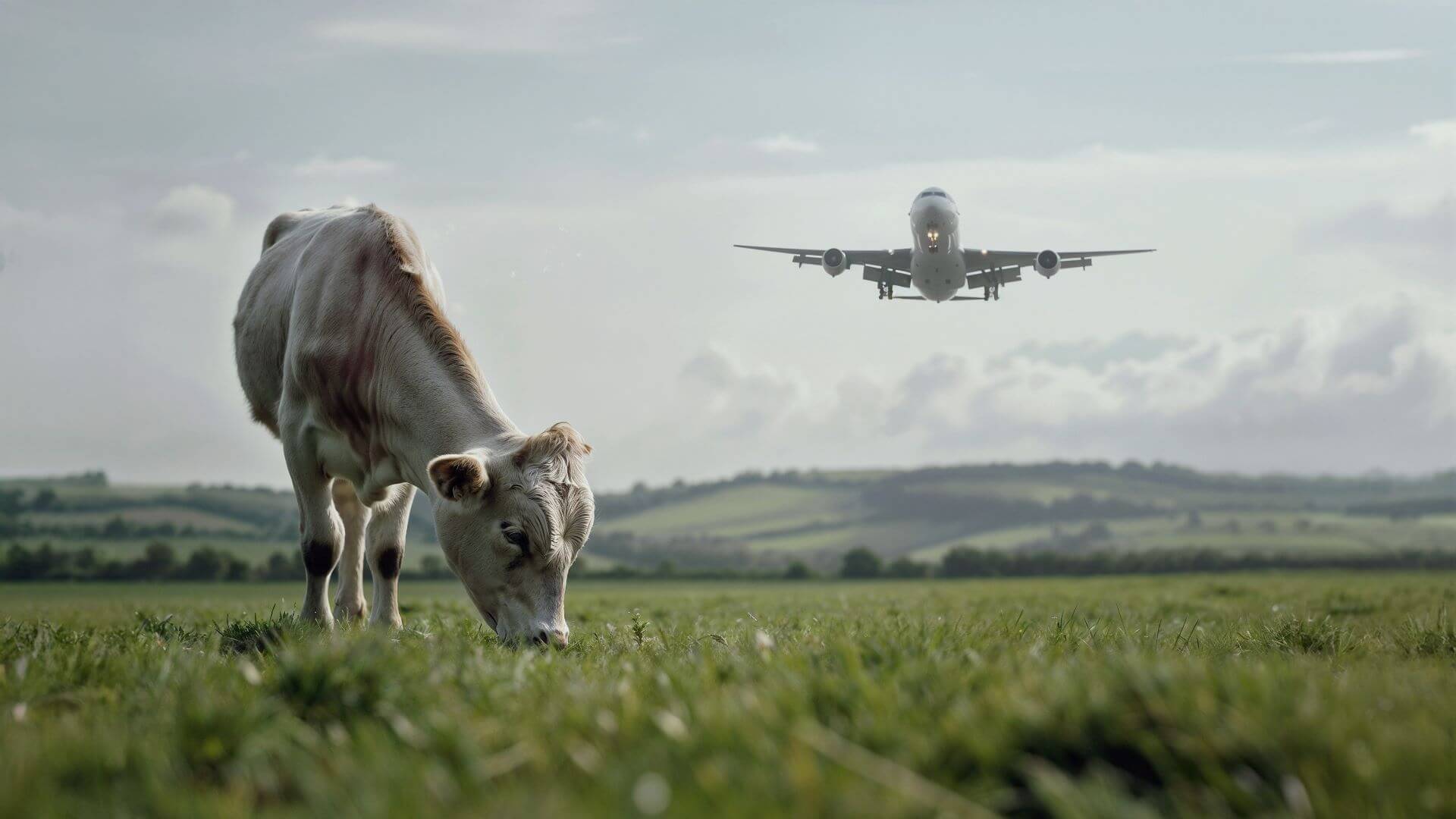 Cow grazing in field as aircraft takes off in background