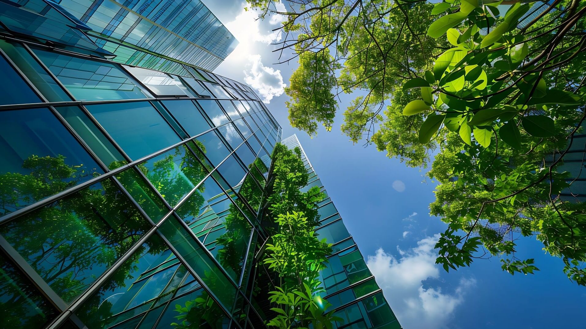 View looking up of tall glass building and green trees